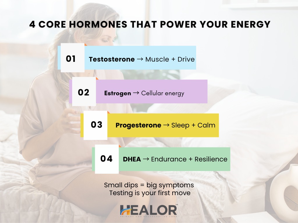 3 - Healor Infographic listing four core hormones that influence energy: Testosterone, Estrogen, Progesterone, and DHEA, with associated benefits like muscle, sleep, and resilience, by Healor.