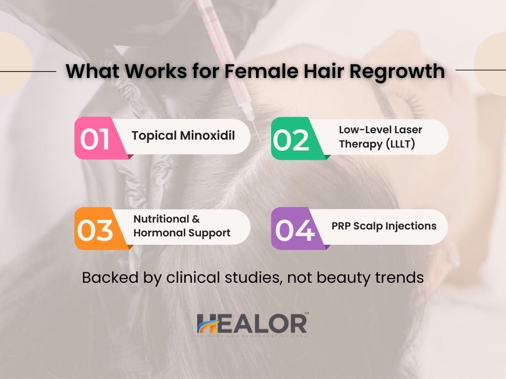 3 - Healor Infographic titled 'What Works for Female Hair Regrowth' showing four clinically-backed treatments: 1) Topical Minoxidil, 2) Low-Level Laser Therapy (LLLT), 3) Nutritional & Hormonal Support, and 4) PRP Scalp Injections. Tagline at the bottom reads 'Backed by clinical studies, not beauty trends' with the HEALOR logo.