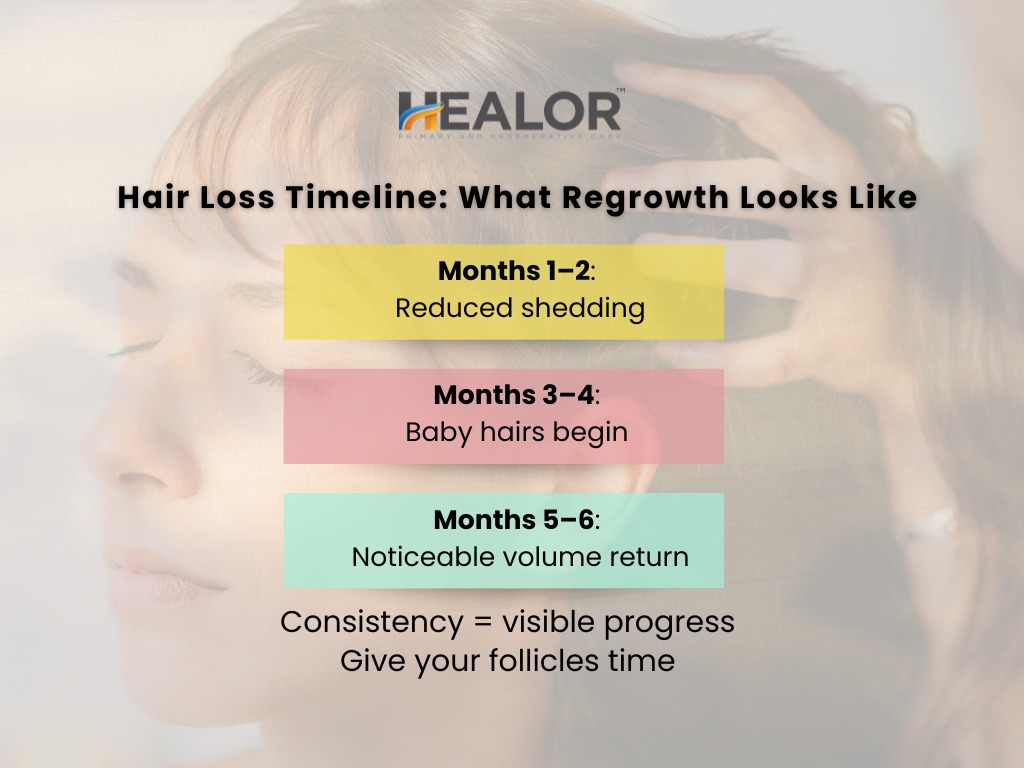 4 - Healor Infographic titled 'Hair Loss Timeline: What Regrowth Looks Like' by HEALOR, showing stages of hair regrowth. Months 1–2: Reduced shedding; Months 3–4: Baby hairs begin; Months 5–6: Noticeable volume return. Text at the bottom reads: 'Consistency = visible progress. Give your follicles time.