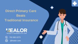 Illustration of a smiling doctor promoting Direct Primary Care over traditional insurance with HEALOR Primary & Regenerative Care contact details, including phone number 702-362-2273 and website healor.com