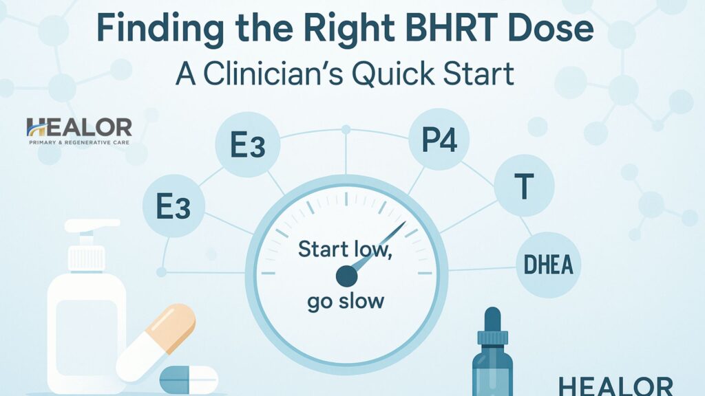 Finding the Right BHRT Dose_ A Clinicians Quick Start - Healor Illustrated BHRT dosing concept with molecular background, a central gauge reading ‘Start low, go slow,’ and labeled hormone icons (E3, P4, T, DHEA). Includes pill capsules, a topical pump bottle, and a dropper bottle, with the HEALOR logo.