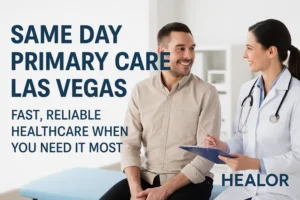 Same Day Primary Care in Las Vegas at HEALOR – male patient consulting with a friendly female doctor in a modern clinic, offering fast and reliable healthcare when you need it most.