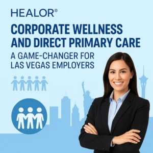 HEALOR® corporate wellness and direct primary care blog graphic with a smiling professional woman, Las Vegas skyline, and teamwork icons highlighting benefits for employers