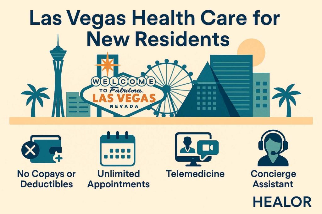 Infographic for HEALOR® titled ‘Las Vegas Health Care for New Residents,’ featuring the Las Vegas skyline and icons representing Healorship benefits: No Copays or Deductibles, Unlimited Appointments, Telemedicine, and Concierge Assistant.