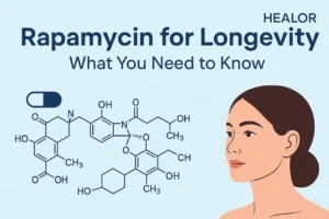 Rapamycin for Longevity blog header image featuring the HEALOR® brand, chemical structure of rapamycin, a capsule icon, and a youthful woman’s profile on a light blue background.
