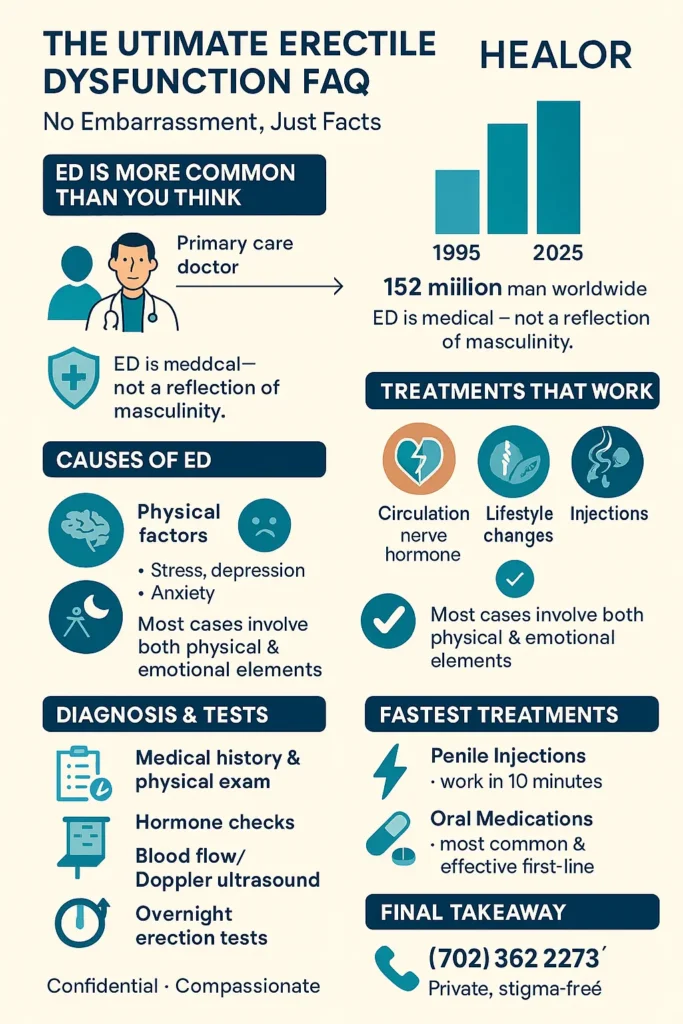 Infographic by HEALOR® titled ‘The Ultimate Erectile Dysfunction FAQ — No Embarrassment, Just Facts.’ It highlights ED prevalence rising from 152 million men in 1995 to 322 million in 2025, explains that ED is medical not masculinity, lists causes (physical and psychological), treatments (medications, lifestyle changes, injections, surgery), diagnostic tests (hormone checks, ultrasound, erection tests), fastest treatments (penile injections, oral medications), and encourages confidential care at HEALOR® in Las Vegas with phone number (702) 362-2273