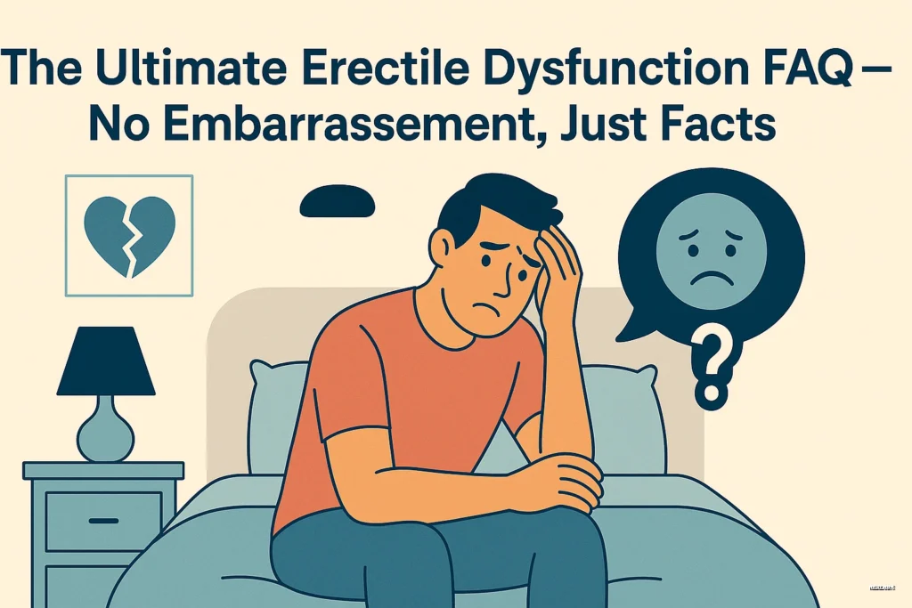 Illustration of a man sitting on a bed looking worried, with icons of a broken heart and sad face above him, representing concerns about erectile dysfunction. Blog title text reads ‘The Ultimate Erectile Dysfunction FAQ — No Embarrassment, Just Facts,’ with HEALOR® branding in the corner