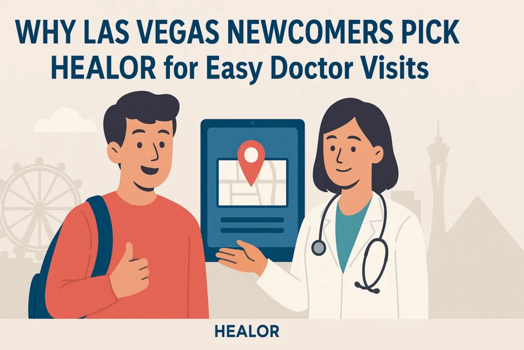 Las Vegas newcomer visiting HEALOR clinic—friendly doctor greeting patient with map and city landmarks in background.