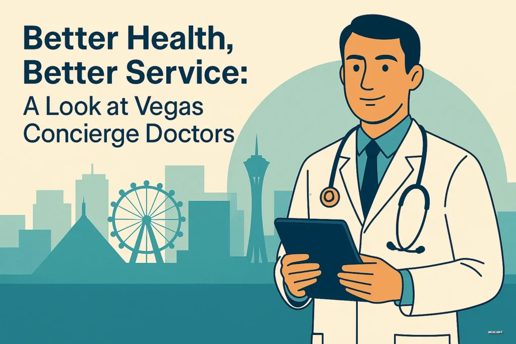 Professional illustration of a concierge doctor in a white coat holding a digital tablet, with a subtle Las Vegas skyline in the background. Blog title text reads ‘Better Health, Better Service: A Look at Vegas Concierge Doctors.’ HEALOR® branding included, symbolizing premium, personalized healthcare in Las Vegas.