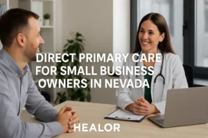 Doctor advising smiling business owner on HEALOR’s direct primary care membership with tax-friendly healthcare options in Nevada.