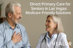 Smiling senior man consulting with female doctor at HEALOR clinic in Las Vegas about Medicare-friendly direct primary care.