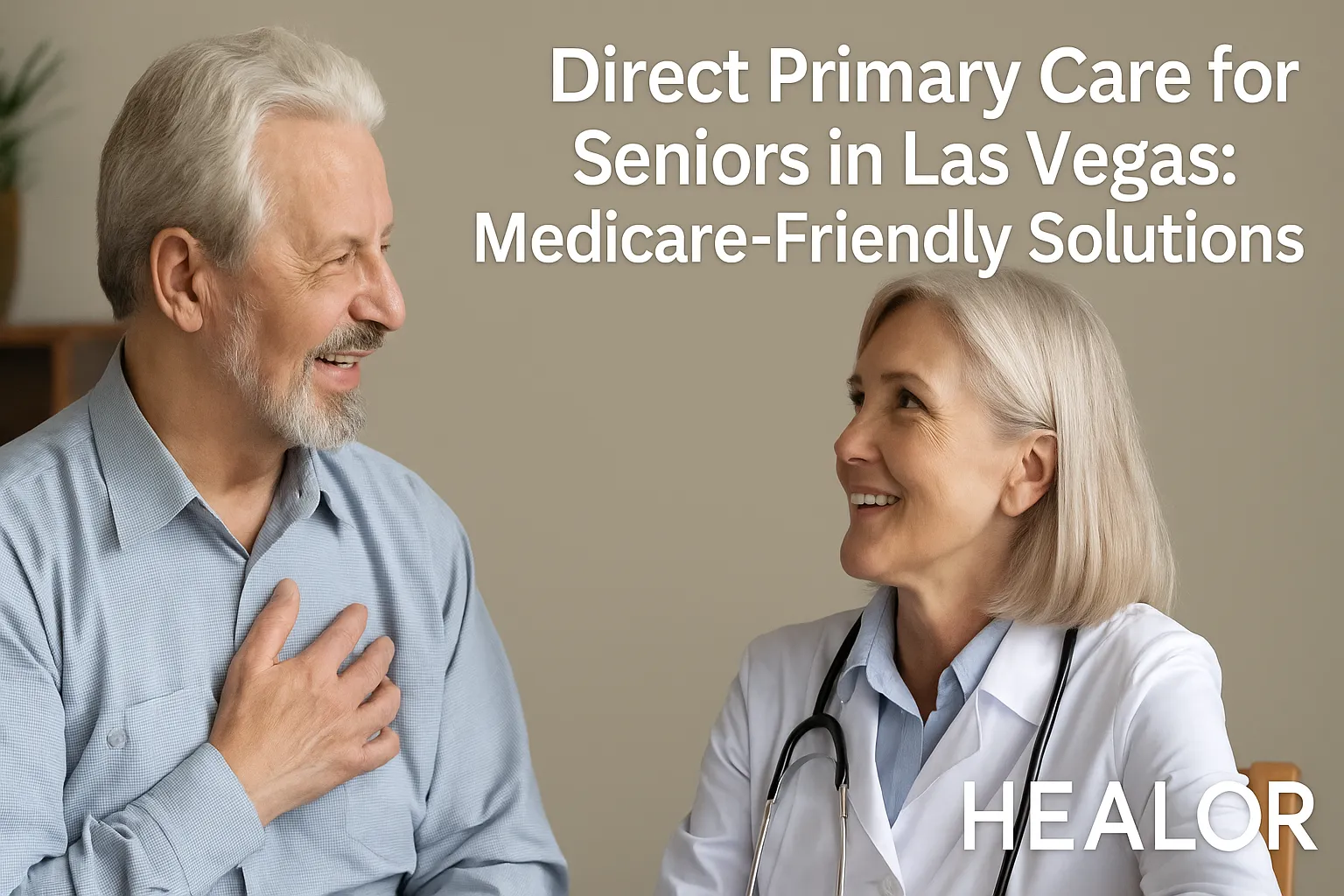 Smiling senior man consulting with female doctor at HEALOR clinic in Las Vegas about Medicare-friendly direct primary care.