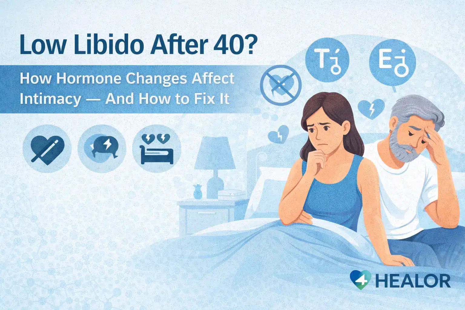 Low Libido After 40 illustrated banner showing a middle-aged couple experiencing intimacy challenges, with hormone icons for testosterone and estrogen, highlighting how age-related hormone changes affect intimacy and sexual wellness.