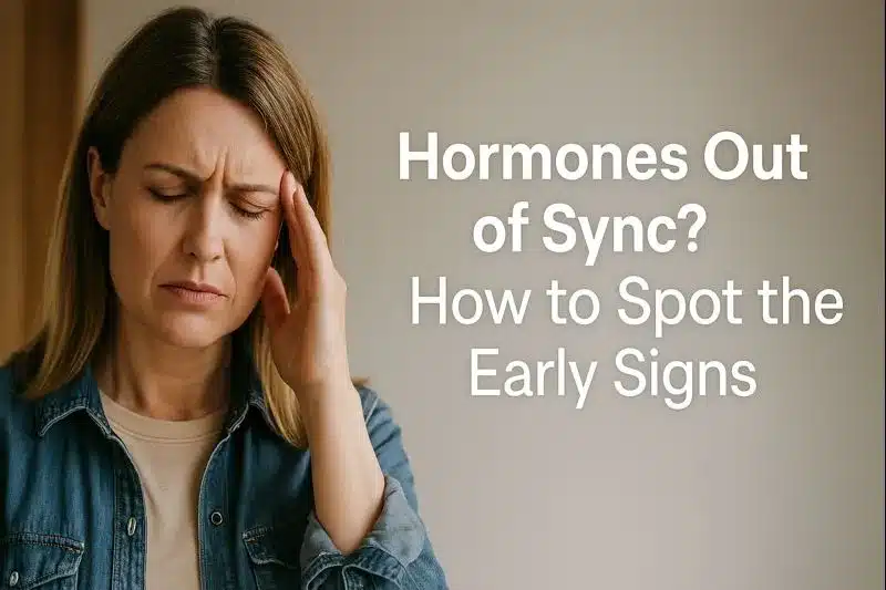 “Woman holding her head, showing signs of fatigue and hormonal imbalance.”