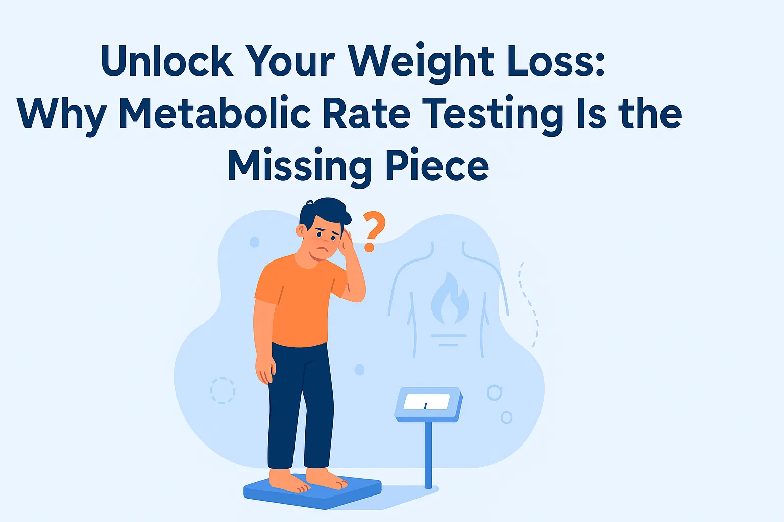 Illustration of a person frustrated while standing on a scale, symbolizing a weight-loss plateau, used for a Healor blog about metabolic rate testing and personalized weight-loss solutions.