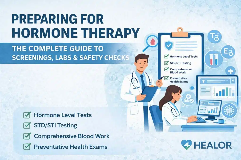 Preparing for Hormone Therapy: Screenings, Labs & Safety Checks in Las Vegas 1 16:9 illustrated banner for Healor showing doctors reviewing hormone therapy screenings, lab tests, and safety checks, with a checklist for Preparing for Hormone Therapy, STD/STI testing, comprehensive blood work, and preventative exams, alongside digital health charts and the HEALOR logo