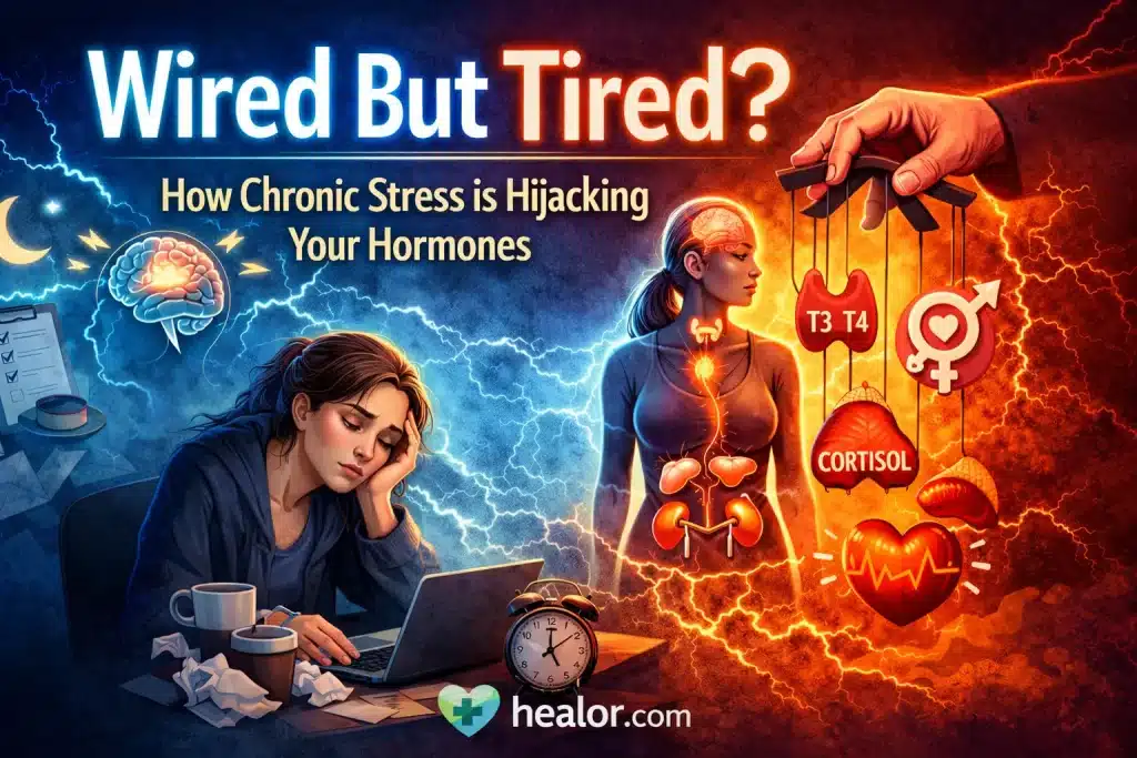How Chronic Stress is Hijacking Your Hormones? 1 Illustration showing a stressed, fatigued woman working late while chronic stress disrupts hormones like cortisol and thyroid (T3, T4), highlighting How Chronic Stress is Hijacking Your Hormones.