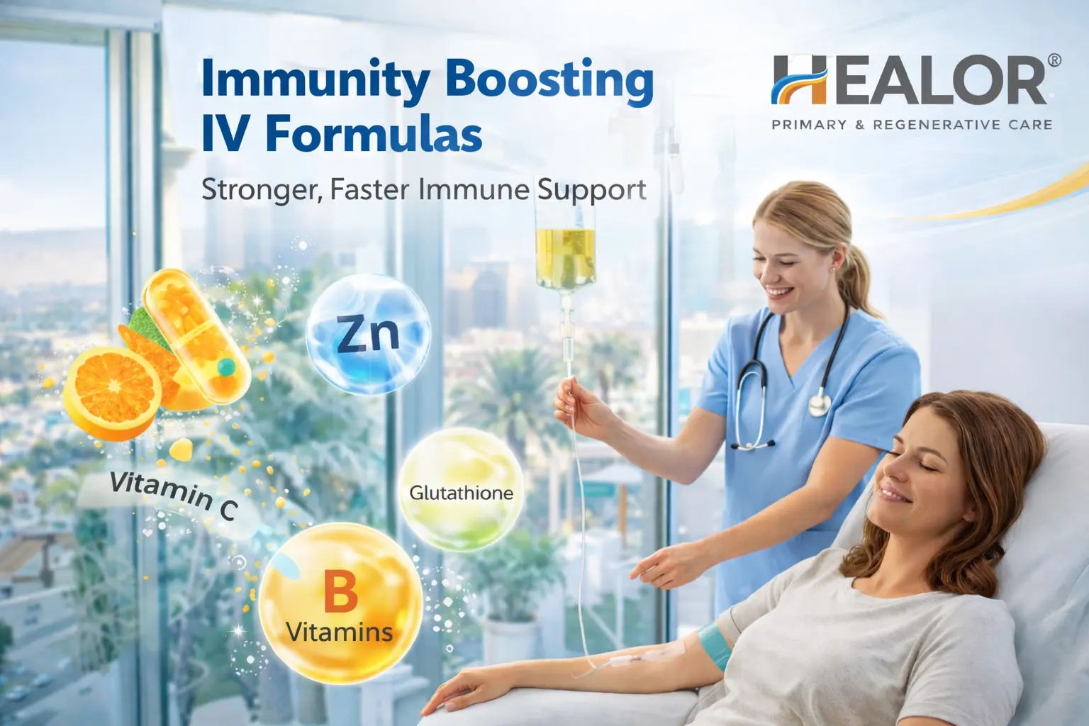 Immunity Boosting IV Formulas administered at Healor Primary & Regenerative Care in Las Vegas featuring vitamin C, zinc, B vitamins, and glutathione infusion for immune support